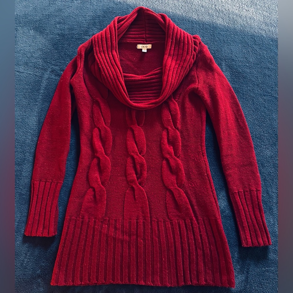 Long red wool blend sweater with cowl neck